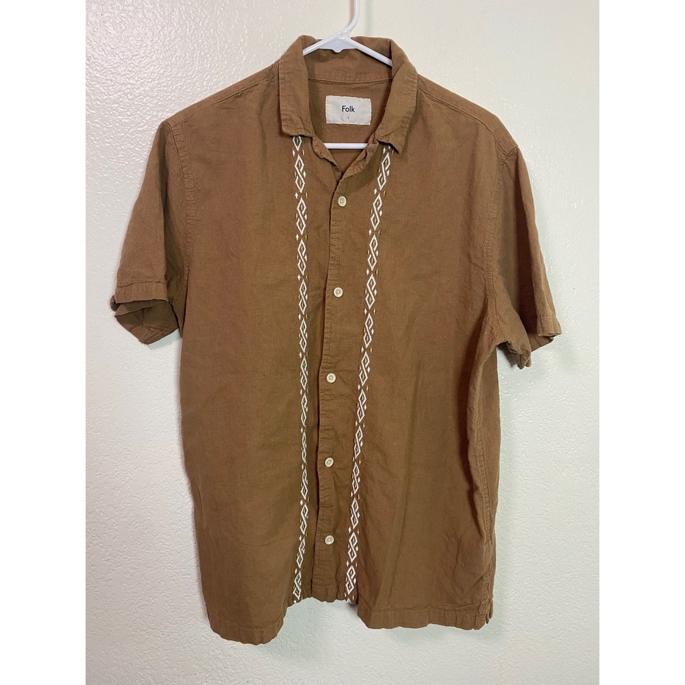 Folk Mens Brown Cotton Linen Embroidered Short Sleeve Button Up Camp Shirt Sz L